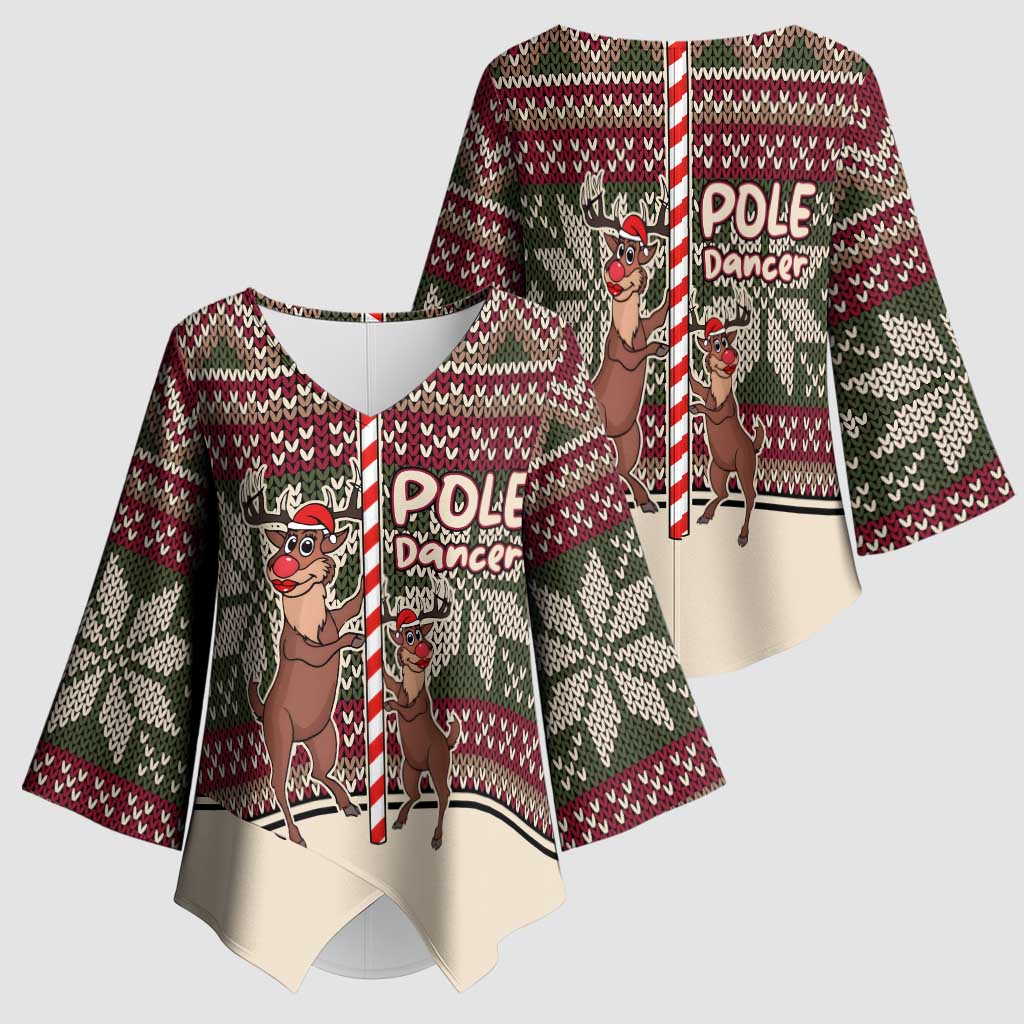 Funny Pole Dancer Reindeer Christmas Kimono Sleeve Blouse Xmas Holiday Patterns - Wonder Print Shop
