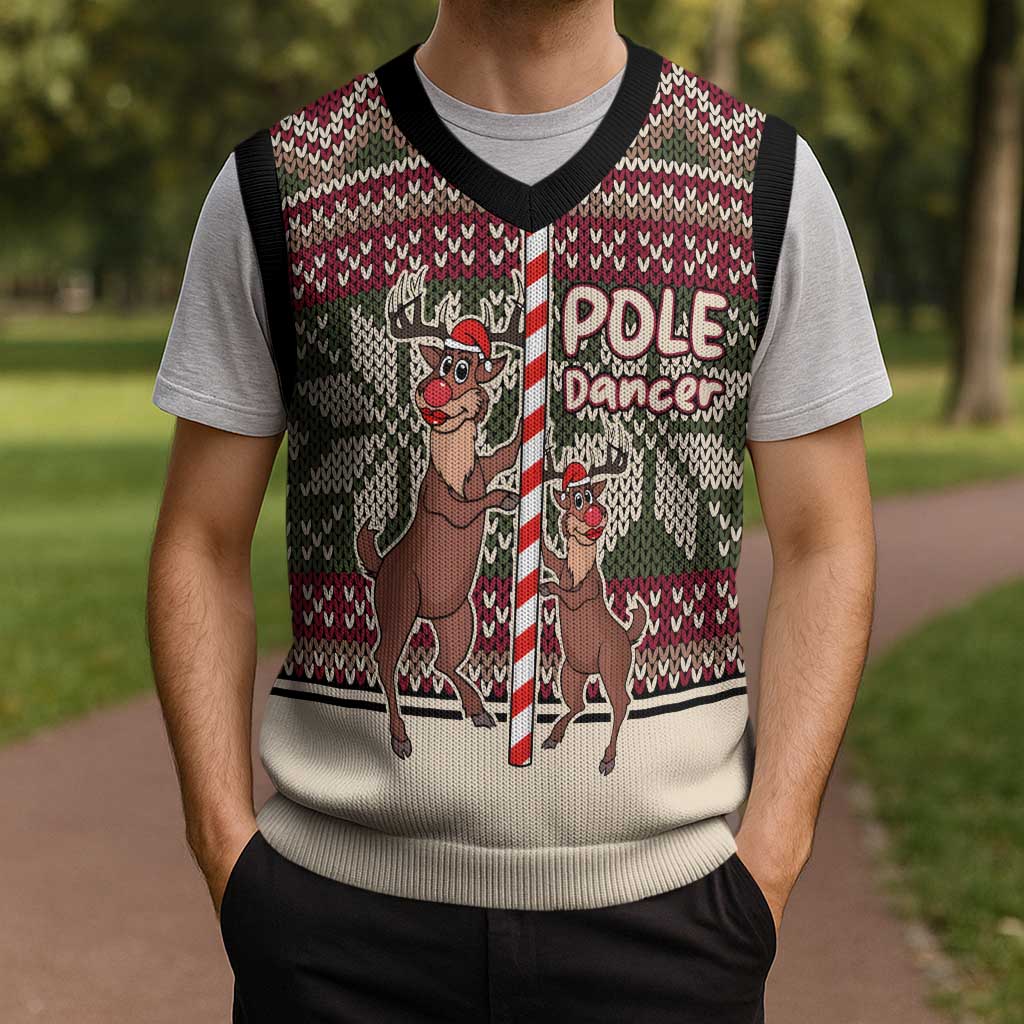 Funny Pole Dancer Reindeer Christmas Knitted V-Neck Vest Xmas Holiday Patterns - Wonder Print Shop