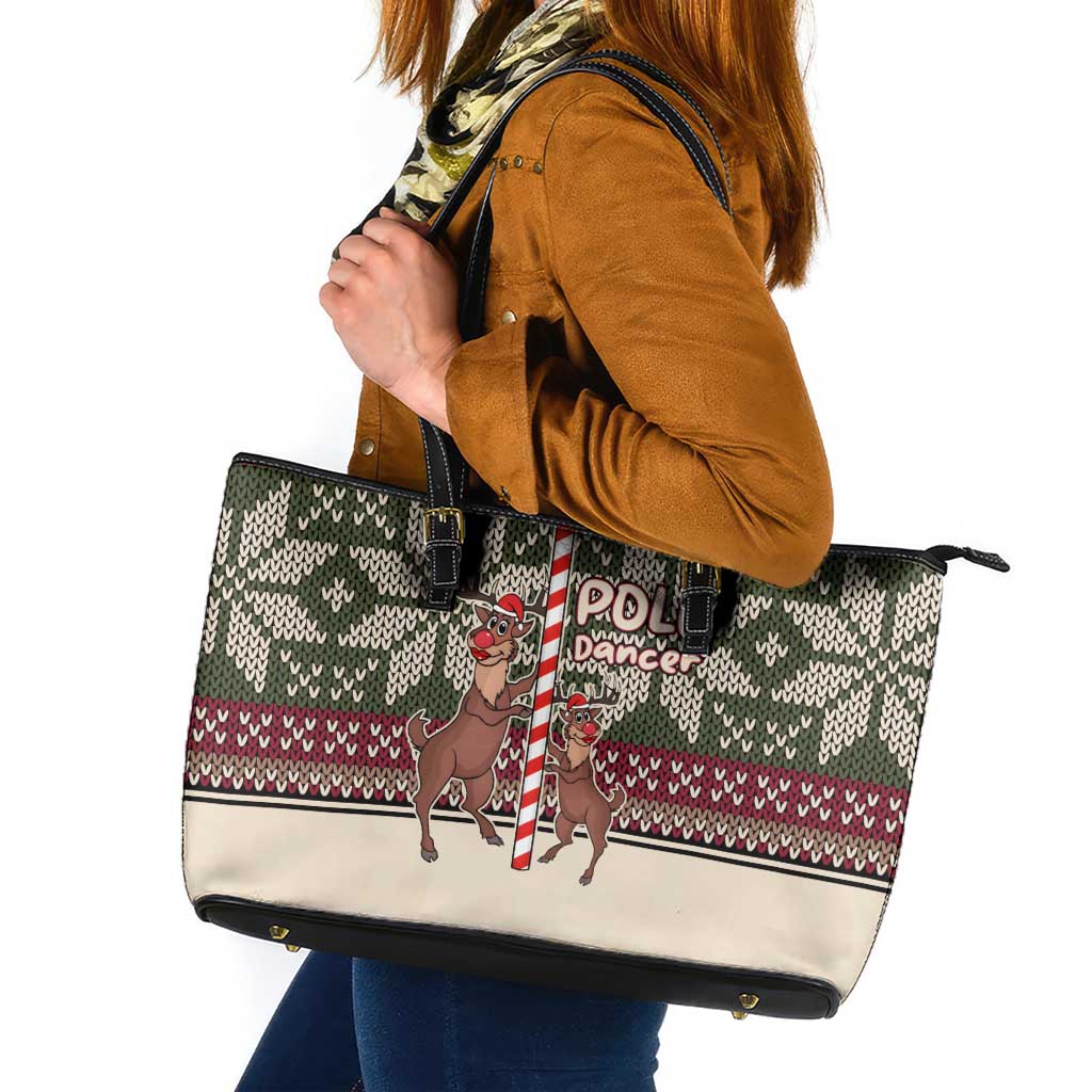 Funny Pole Dancer Reindeer Christmas Leather Tote Bag Xmas Holiday Patterns - Wonder Print Shop