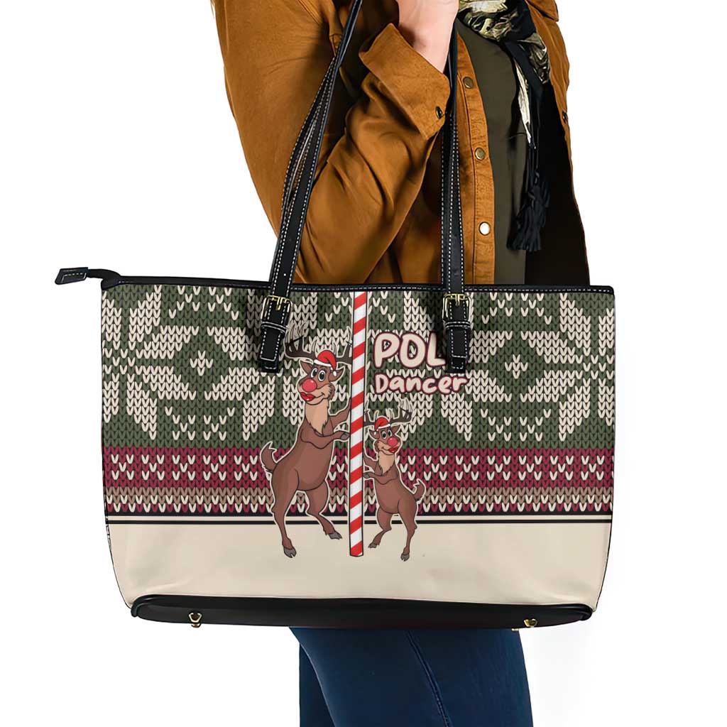 Funny Pole Dancer Reindeer Christmas Leather Tote Bag Xmas Holiday Patterns - Wonder Print Shop