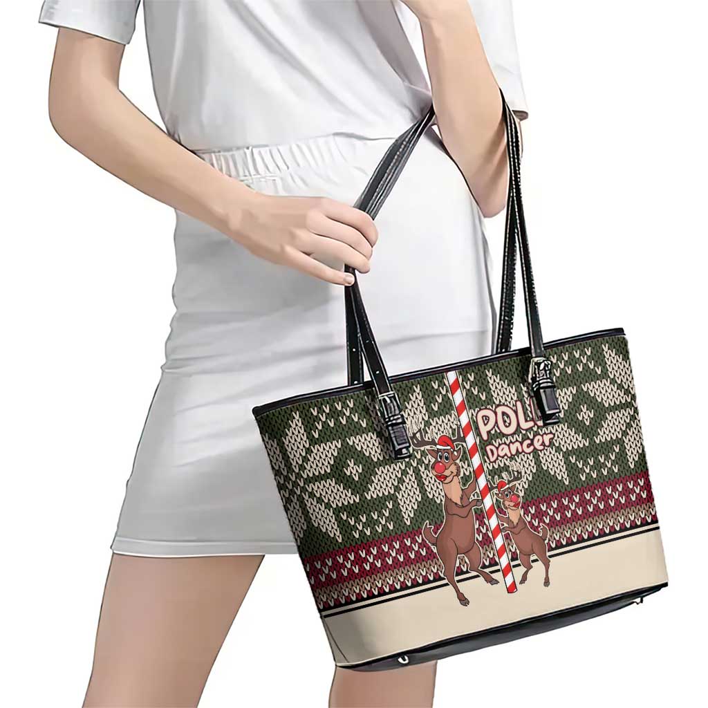 Funny Pole Dancer Reindeer Christmas Leather Tote Bag Xmas Holiday Patterns - Wonder Print Shop