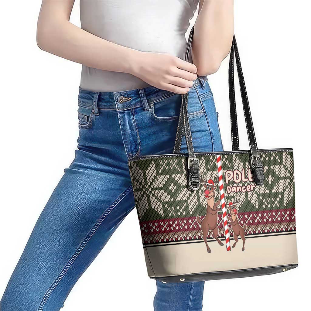 Funny Pole Dancer Reindeer Christmas Leather Tote Bag Xmas Holiday Patterns - Wonder Print Shop