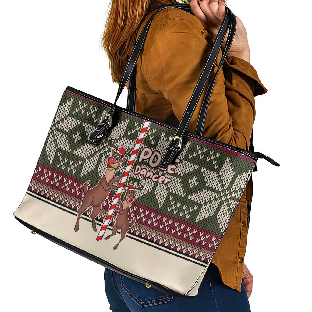 Funny Pole Dancer Reindeer Christmas Leather Tote Bag Xmas Holiday Patterns - Wonder Print Shop