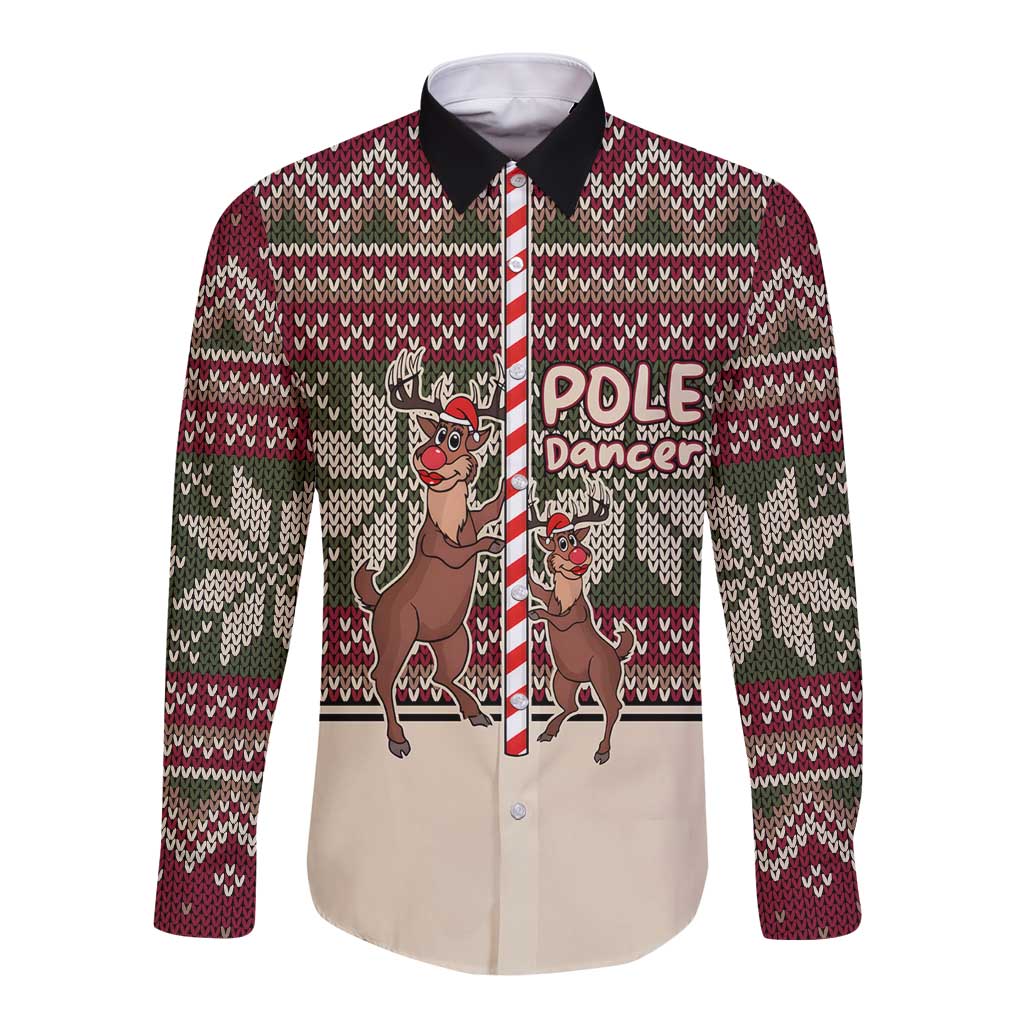 Funny Pole Dancer Reindeer Christmas Long Sleeve Button Shirt Xmas Holiday Patterns - Wonder Print Shop