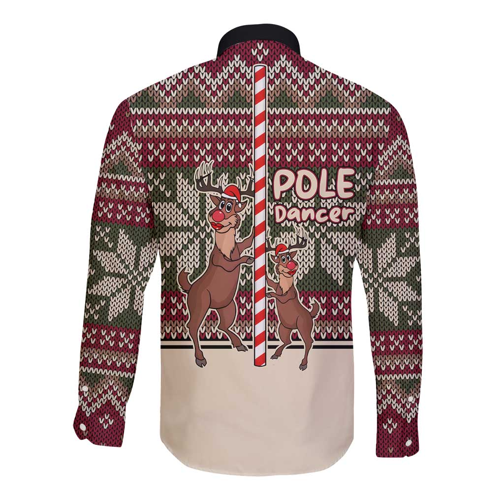 Funny Pole Dancer Reindeer Christmas Long Sleeve Button Shirt Xmas Holiday Patterns - Wonder Print Shop