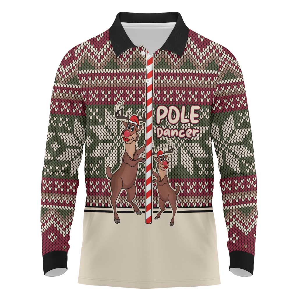 Funny Pole Dancer Reindeer Christmas Long Sleeve Polo Shirt Xmas Holiday Patterns - Wonder Print Shop