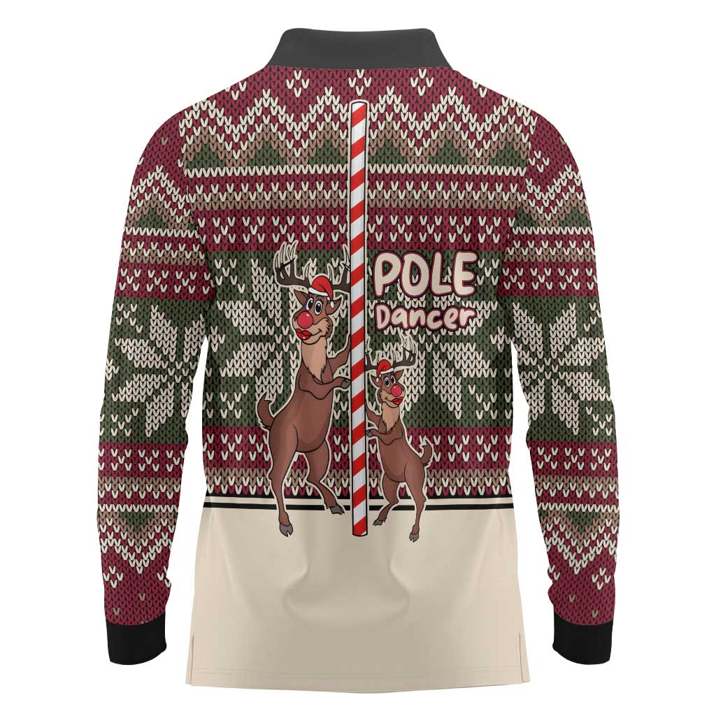 Funny Pole Dancer Reindeer Christmas Long Sleeve Polo Shirt Xmas Holiday Patterns - Wonder Print Shop