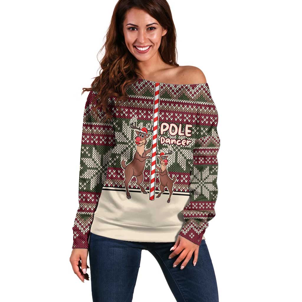 Funny Pole Dancer Reindeer Christmas Off Shoulder Sweater Xmas Holiday Patterns - Wonder Print Shop