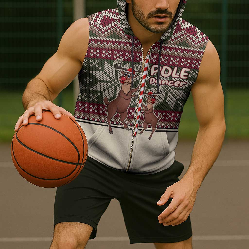 Funny Pole Dancer Reindeer Christmas Sleeveless Zip Hoodie Xmas Holiday Patterns - Wonder Print Shop