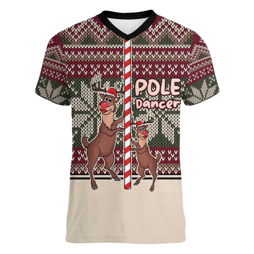 Funny Pole Dancer Reindeer Christmas Women V-Neck T-Shirt Xmas Holiday Patterns - Wonder Print Shop