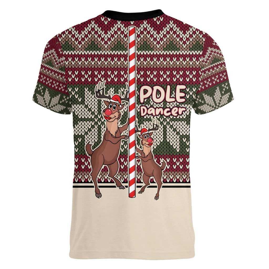 Funny Pole Dancer Reindeer Christmas Women V-Neck T-Shirt Xmas Holiday Patterns - Wonder Print Shop