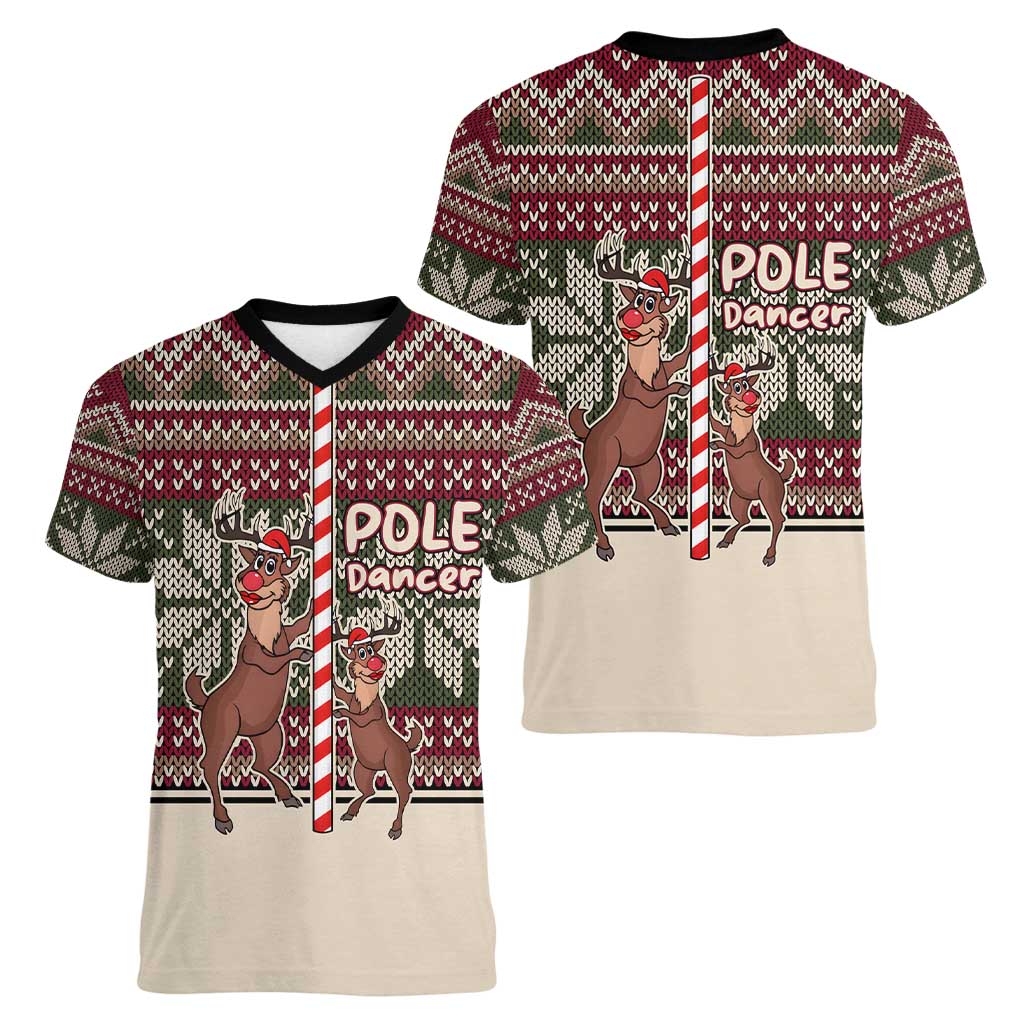 Funny Pole Dancer Reindeer Christmas Women V-Neck T-Shirt Xmas Holiday Patterns - Wonder Print Shop