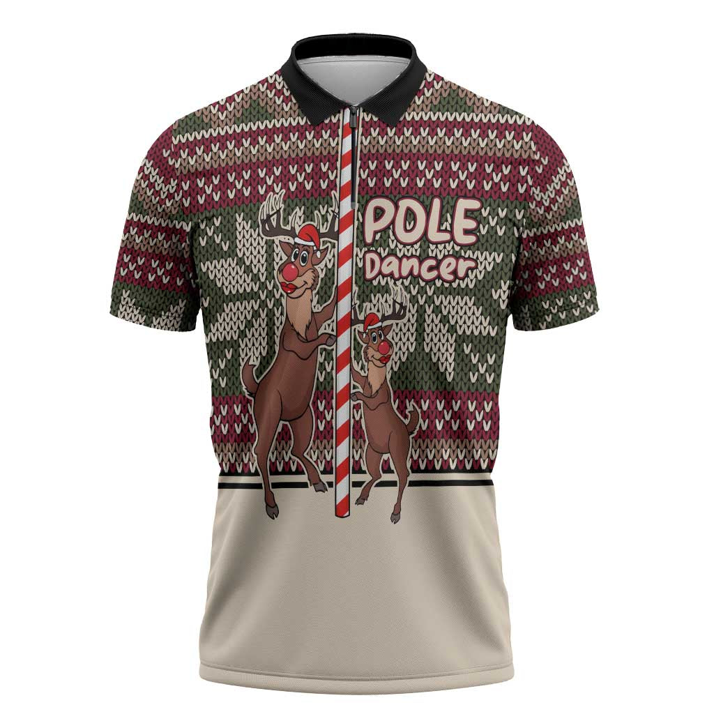 Funny Pole Dancer Reindeer Christmas Zipper Polo Shirt Xmas Holiday Patterns - Wonder Print Shop