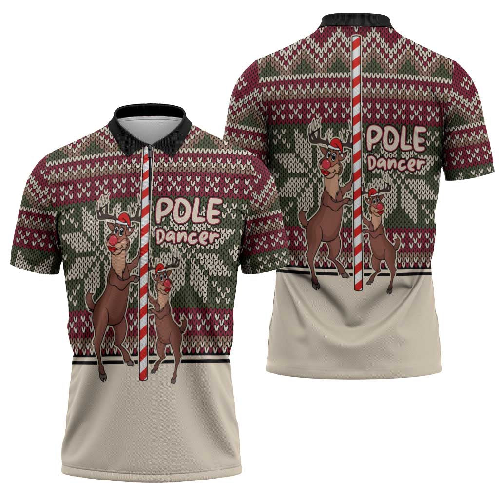 Funny Pole Dancer Reindeer Christmas Zipper Polo Shirt Xmas Holiday Patterns - Wonder Print Shop