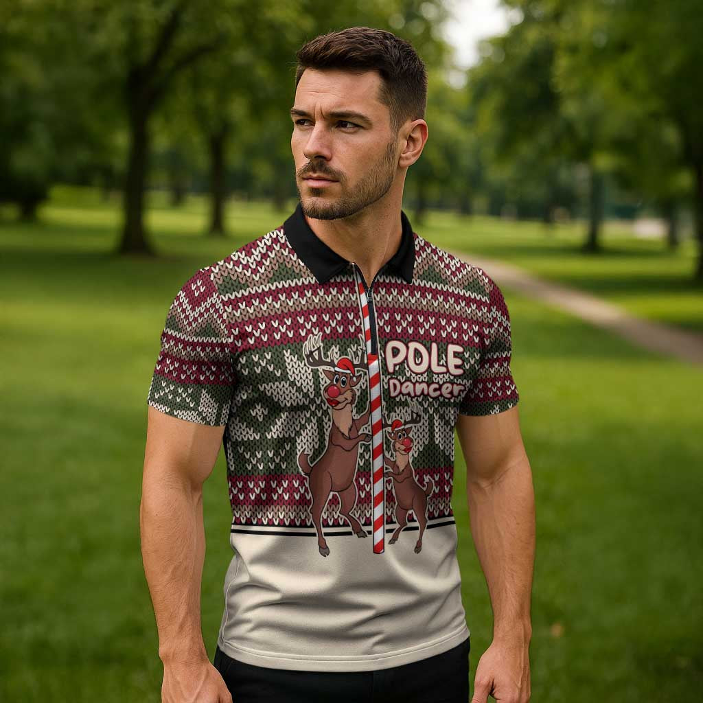 Funny Pole Dancer Reindeer Christmas Zipper Polo Shirt Xmas Holiday Patterns - Wonder Print Shop