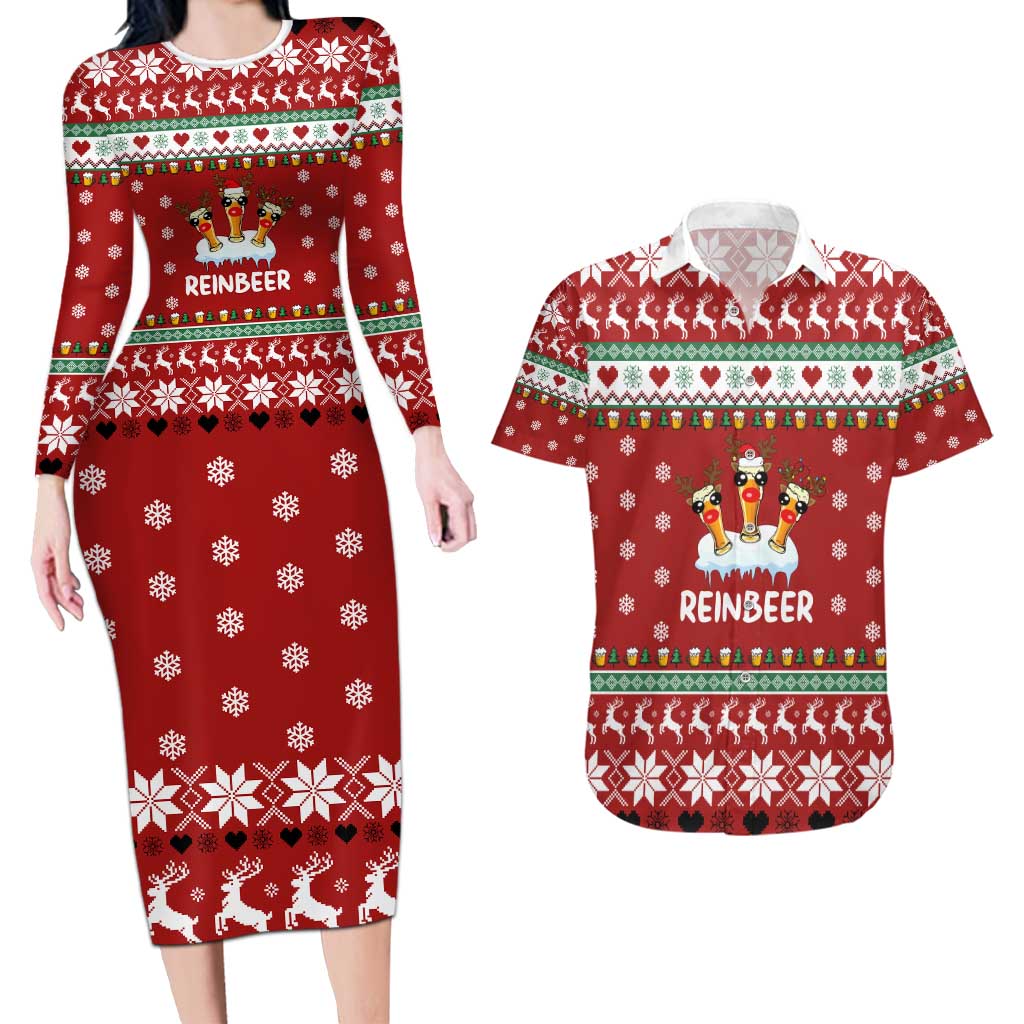 Funny Reindeer Reinbeer Christmas Couples Matching Long Sleeve Bodycon Dress and Hawaiian Shirt Xmas Holiday Patterns - Wonder Print Shop