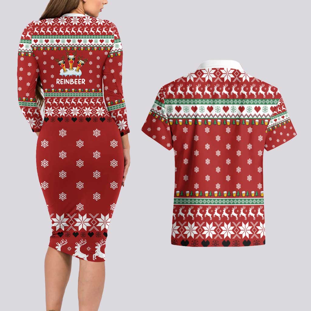 Funny Reindeer Reinbeer Christmas Couples Matching Long Sleeve Bodycon Dress and Hawaiian Shirt Xmas Holiday Patterns - Wonder Print Shop