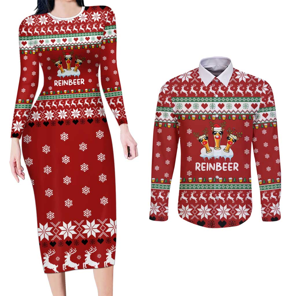 Funny Reindeer Reinbeer Christmas Couples Matching Long Sleeve Bodycon Dress and Long Sleeve Button Shirt Xmas Holiday Patterns - Wonder Print Shop