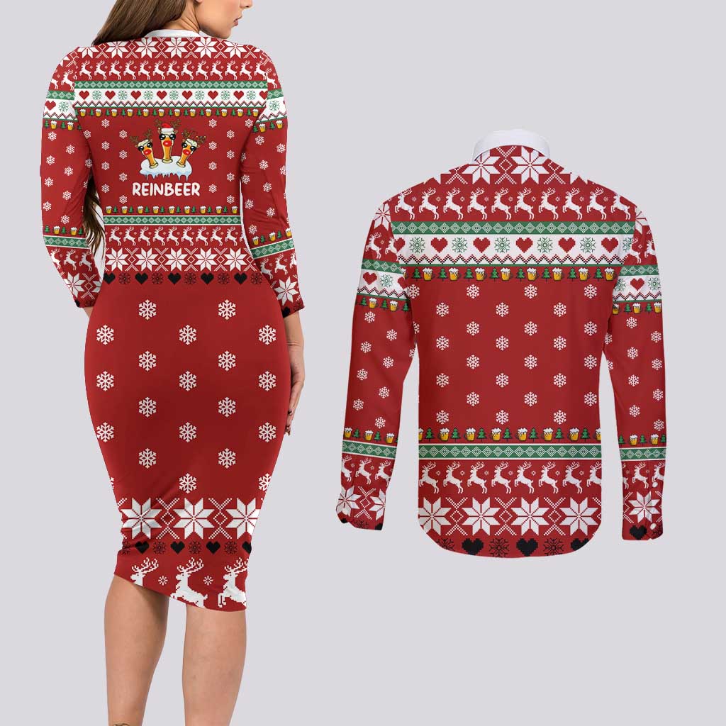 Funny Reindeer Reinbeer Christmas Couples Matching Long Sleeve Bodycon Dress and Long Sleeve Button Shirt Xmas Holiday Patterns - Wonder Print Shop