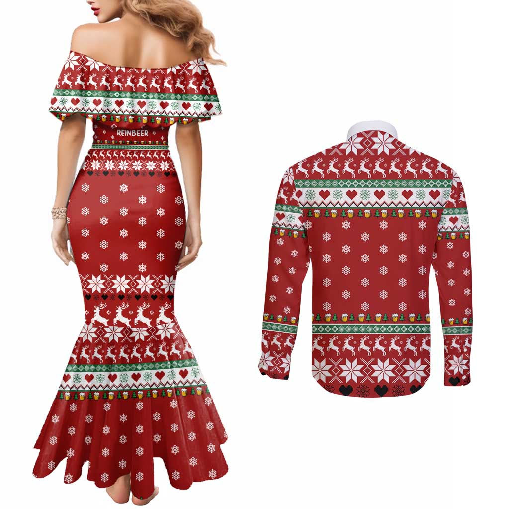 Funny Reindeer Reinbeer Christmas Couples Matching Mermaid Dress and Long Sleeve Button Shirt Xmas Holiday Patterns - Wonder Print Shop
