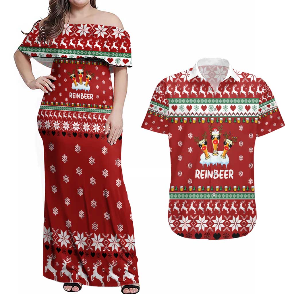Funny Reindeer Reinbeer Christmas Couples Matching Off Shoulder Maxi Dress and Hawaiian Shirt Xmas Holiday Patterns - Wonder Print Shop