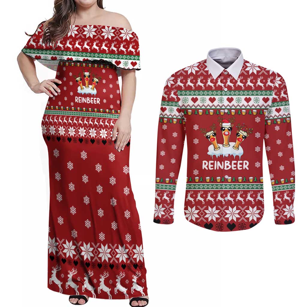 Funny Reindeer Reinbeer Christmas Couples Matching Off Shoulder Maxi Dress and Long Sleeve Button Shirt Xmas Holiday Patterns - Wonder Print Shop