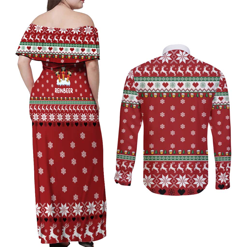 Funny Reindeer Reinbeer Christmas Couples Matching Off Shoulder Maxi Dress and Long Sleeve Button Shirt Xmas Holiday Patterns - Wonder Print Shop