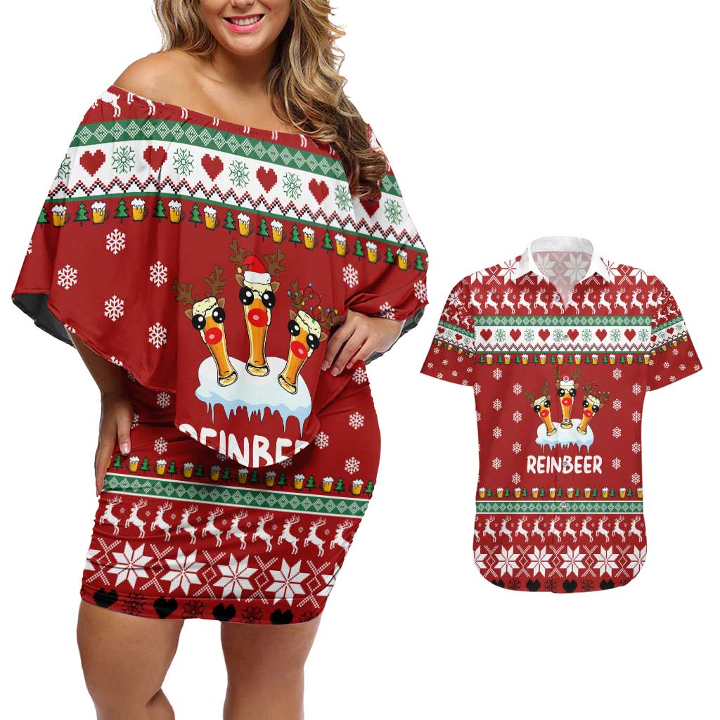 Funny Reindeer Reinbeer Christmas Couples Matching Off Shoulder Short Dress and Hawaiian Shirt Xmas Holiday Patterns - Wonder Print Shop