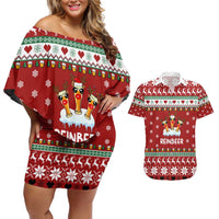 Funny Reindeer Reinbeer Christmas Couples Matching Off Shoulder Short Dress and Hawaiian Shirt Xmas Holiday Patterns - Wonder Print Shop