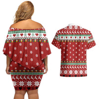 Funny Reindeer Reinbeer Christmas Couples Matching Off Shoulder Short Dress and Hawaiian Shirt Xmas Holiday Patterns - Wonder Print Shop