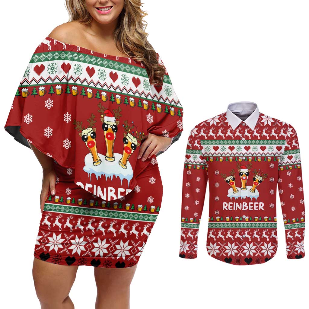Funny Reindeer Reinbeer Christmas Couples Matching Off Shoulder Short Dress and Long Sleeve Button Shirt Xmas Holiday Patterns - Wonder Print Shop