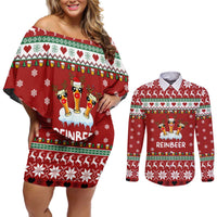 Funny Reindeer Reinbeer Christmas Couples Matching Off Shoulder Short Dress and Long Sleeve Button Shirt Xmas Holiday Patterns - Wonder Print Shop