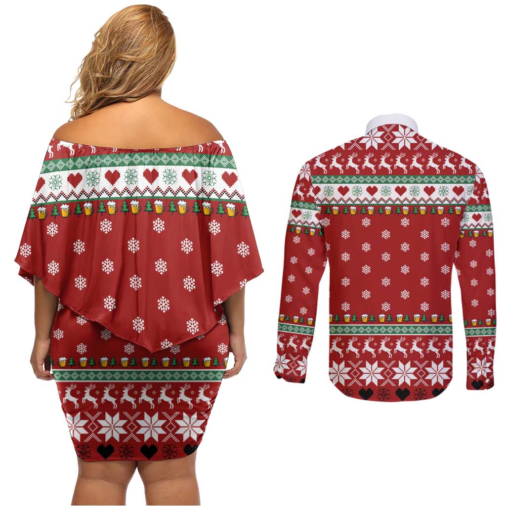 Funny Reindeer Reinbeer Christmas Couples Matching Off Shoulder Short Dress and Long Sleeve Button Shirt Xmas Holiday Patterns - Wonder Print Shop