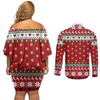 Funny Reindeer Reinbeer Christmas Couples Matching Off Shoulder Short Dress and Long Sleeve Button Shirt Xmas Holiday Patterns - Wonder Print Shop