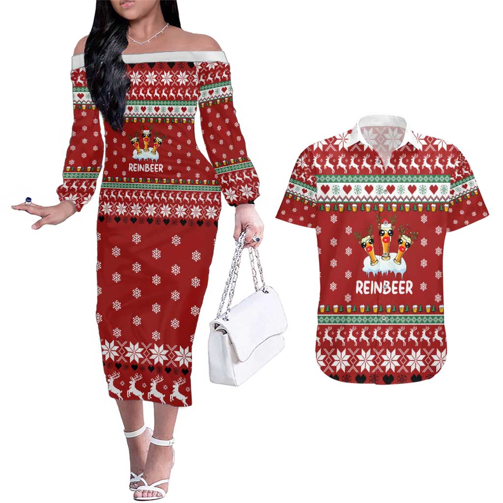 Funny Reindeer Reinbeer Christmas Couples Matching Off The Shoulder Long Sleeve Dress and Hawaiian Shirt Xmas Holiday Patterns - Wonder Print Shop