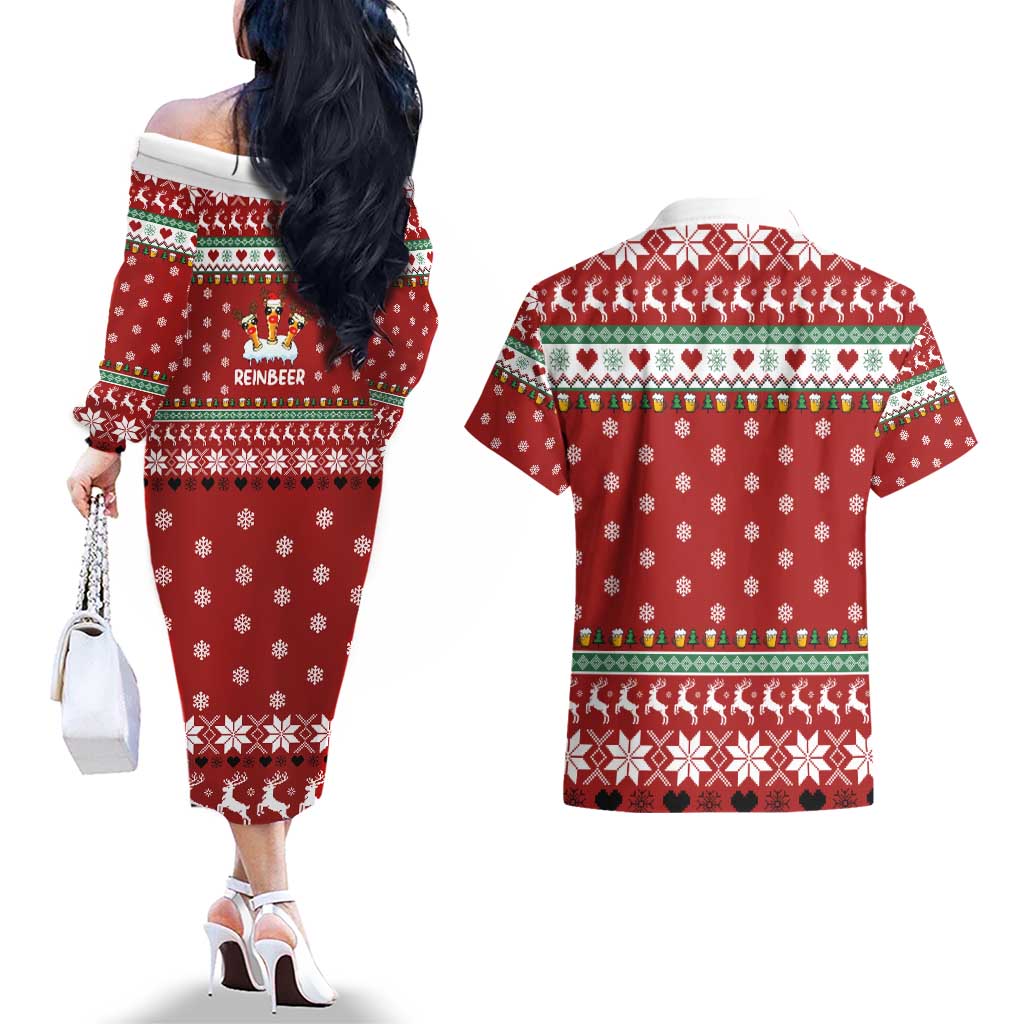 Funny Reindeer Reinbeer Christmas Couples Matching Off The Shoulder Long Sleeve Dress and Hawaiian Shirt Xmas Holiday Patterns - Wonder Print Shop