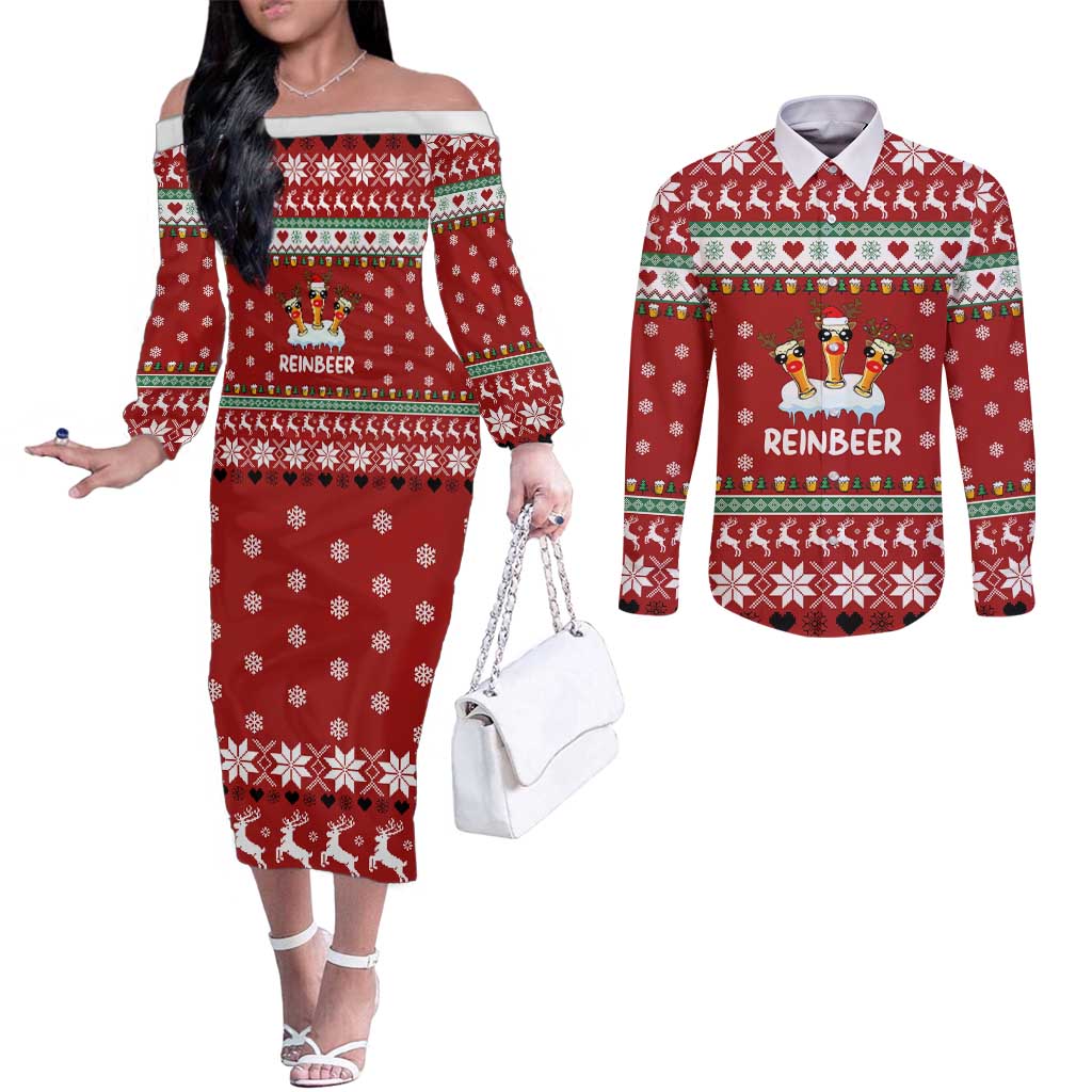 Funny Reindeer Reinbeer Christmas Couples Matching Off The Shoulder Long Sleeve Dress and Long Sleeve Button Shirt Xmas Holiday Patterns - Wonder Print Shop