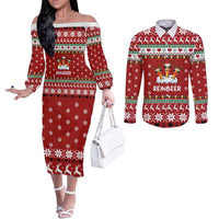 Funny Reindeer Reinbeer Christmas Couples Matching Off The Shoulder Long Sleeve Dress and Long Sleeve Button Shirt Xmas Holiday Patterns - Wonder Print Shop