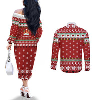 Funny Reindeer Reinbeer Christmas Couples Matching Off The Shoulder Long Sleeve Dress and Long Sleeve Button Shirt Xmas Holiday Patterns - Wonder Print Shop