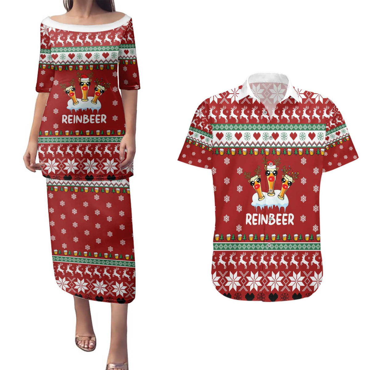 Funny Reindeer Reinbeer Christmas Couples Matching Puletasi and Hawaiian Shirt Xmas Holiday Patterns - Wonder Print Shop