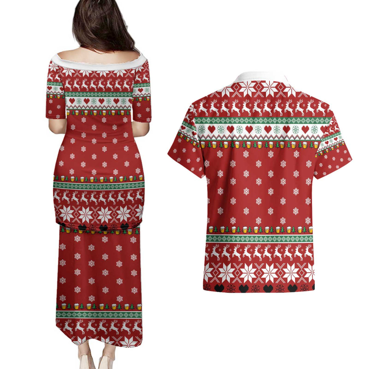 Funny Reindeer Reinbeer Christmas Couples Matching Puletasi and Hawaiian Shirt Xmas Holiday Patterns - Wonder Print Shop