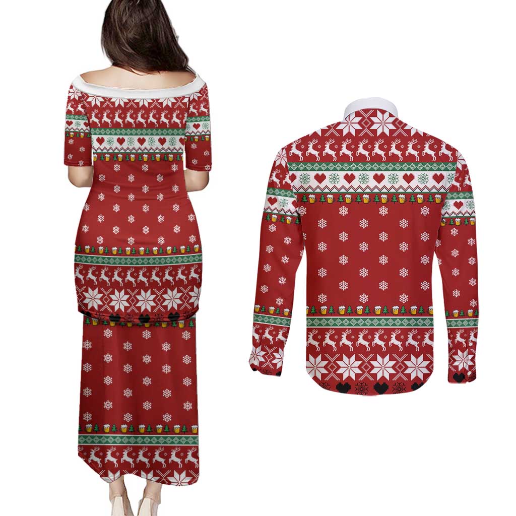 Funny Reindeer Reinbeer Christmas Couples Matching Puletasi and Long Sleeve Button Shirt Xmas Holiday Patterns - Wonder Print Shop
