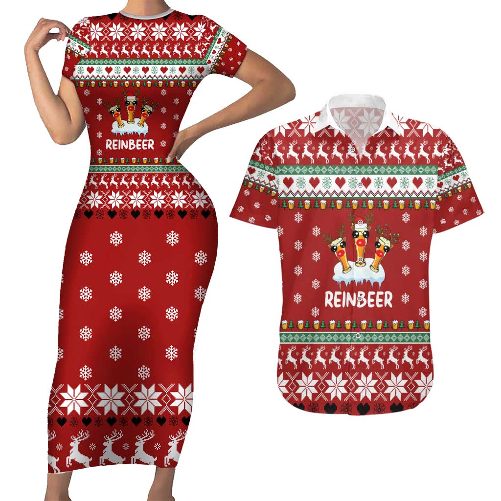Funny Reindeer Reinbeer Christmas Couples Matching Short Sleeve Bodycon Dress and Hawaiian Shirt Xmas Holiday Patterns - Wonder Print Shop