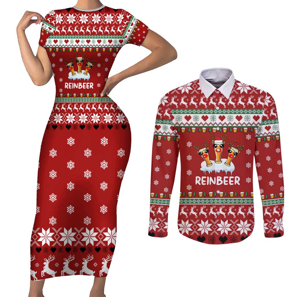 Funny Reindeer Reinbeer Christmas Couples Matching Short Sleeve Bodycon Dress and Long Sleeve Button Shirt Xmas Holiday Patterns - Wonder Print Shop