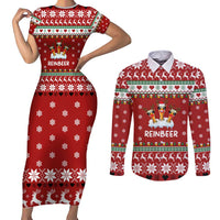 Funny Reindeer Reinbeer Christmas Couples Matching Short Sleeve Bodycon Dress and Long Sleeve Button Shirt Xmas Holiday Patterns - Wonder Print Shop