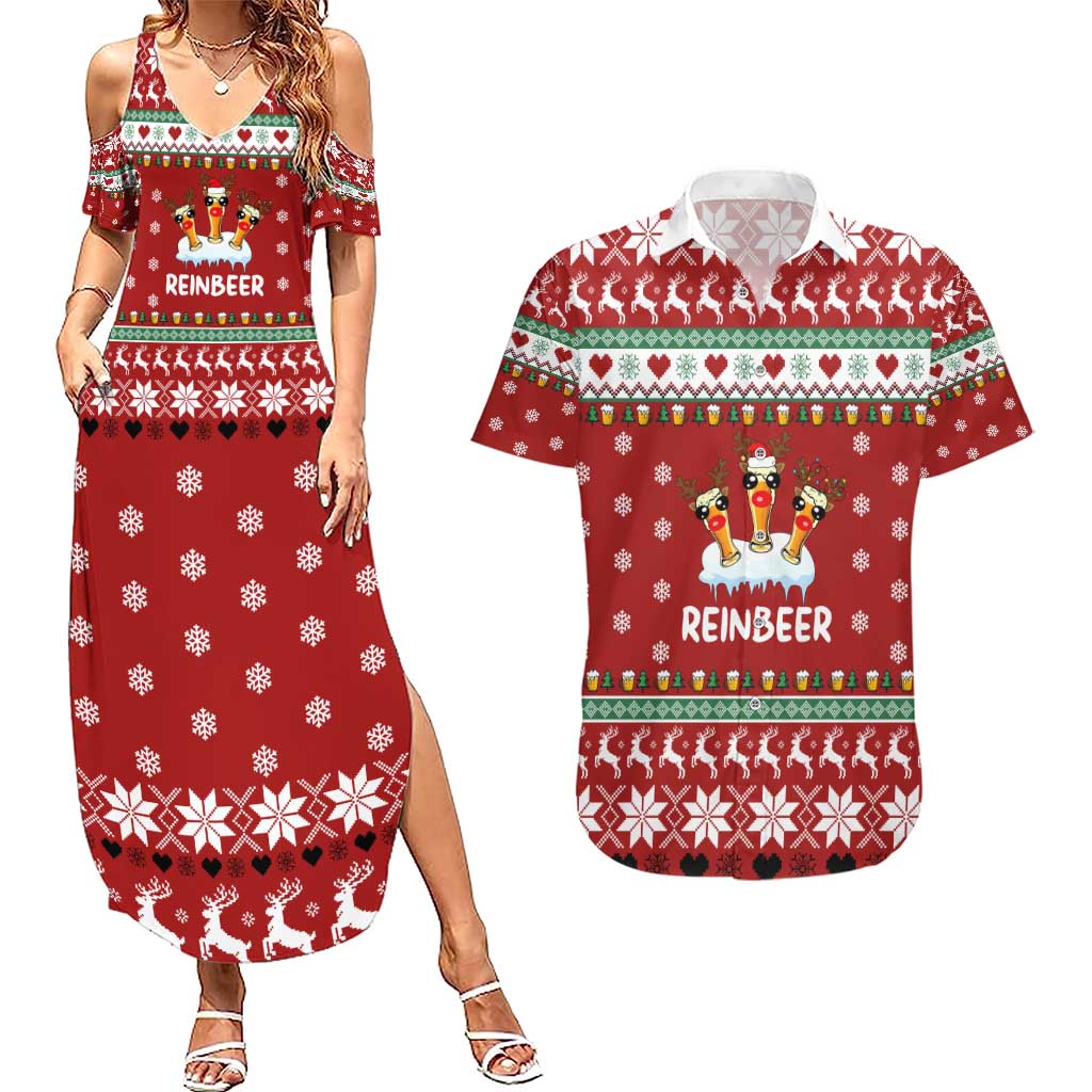 Funny Reindeer Reinbeer Christmas Couples Matching Summer Maxi Dress and Hawaiian Shirt Xmas Holiday Patterns - Wonder Print Shop
