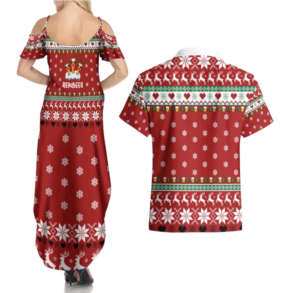 Funny Reindeer Reinbeer Christmas Couples Matching Summer Maxi Dress and Hawaiian Shirt Xmas Holiday Patterns - Wonder Print Shop