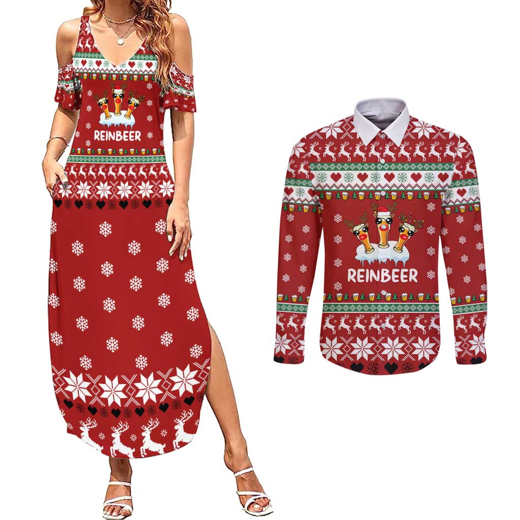Funny Reindeer Reinbeer Christmas Couples Matching Summer Maxi Dress and Long Sleeve Button Shirt Xmas Holiday Patterns - Wonder Print Shop