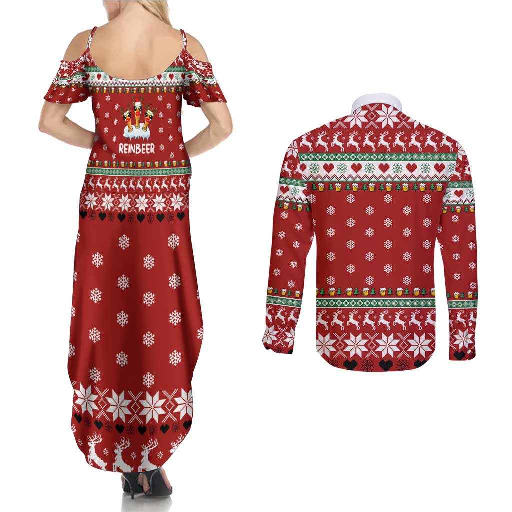 Funny Reindeer Reinbeer Christmas Couples Matching Summer Maxi Dress and Long Sleeve Button Shirt Xmas Holiday Patterns - Wonder Print Shop