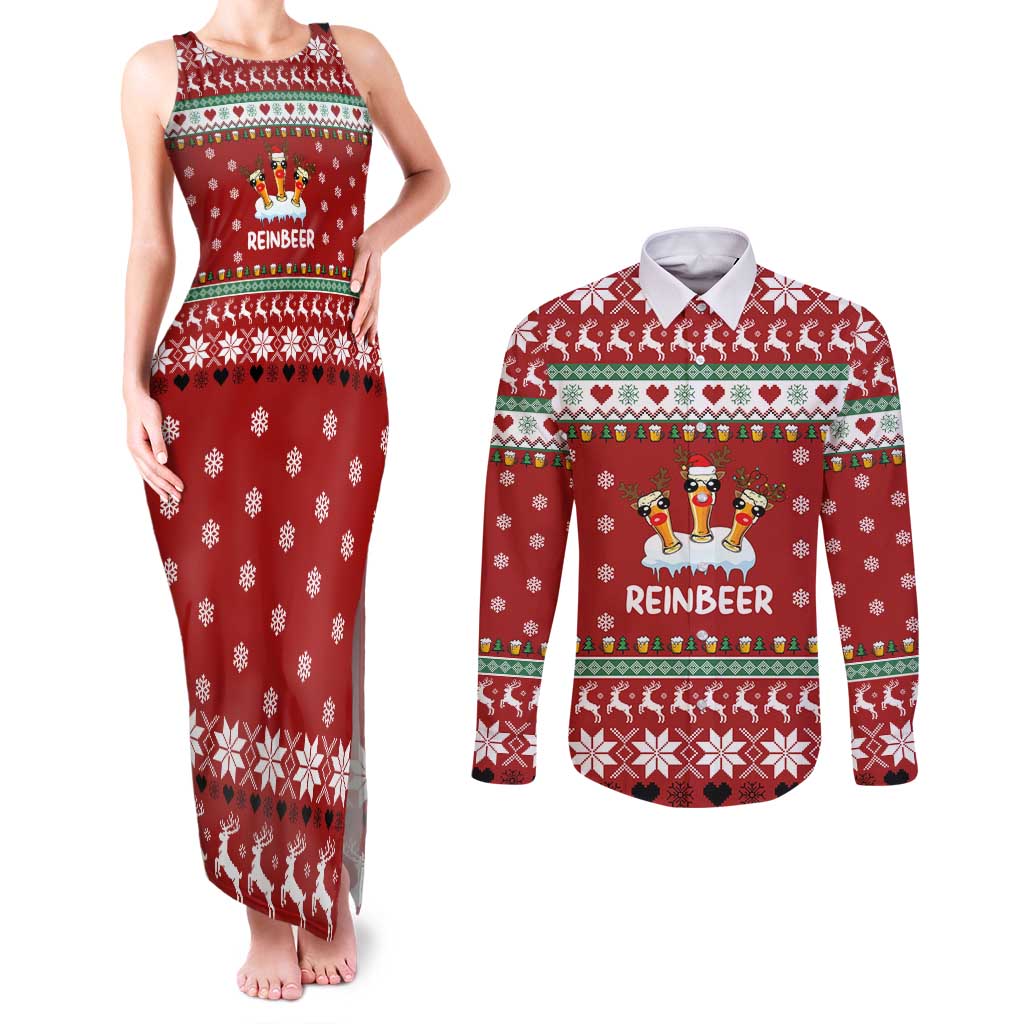 Funny Reindeer Reinbeer Christmas Couples Matching Tank Maxi Dress and Long Sleeve Button Shirt Xmas Holiday Patterns - Wonder Print Shop